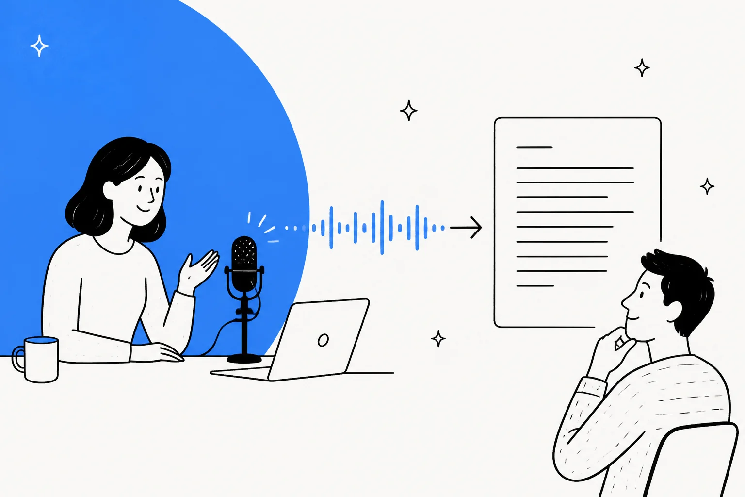 Illustration of audio waveforms turning into clean transcript text