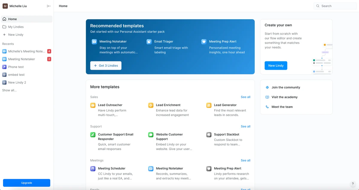 The Lindy no-code AI agent builder home, as taken from Lindy