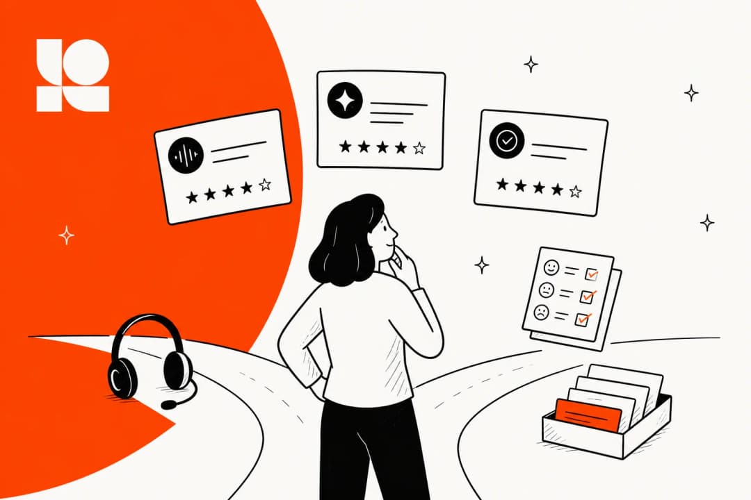 Hand-drawn illustration of a QA lead standing at a fork in the road, looking up at several star-rated tool cards, with a headset on one path and a ticket tray on the other