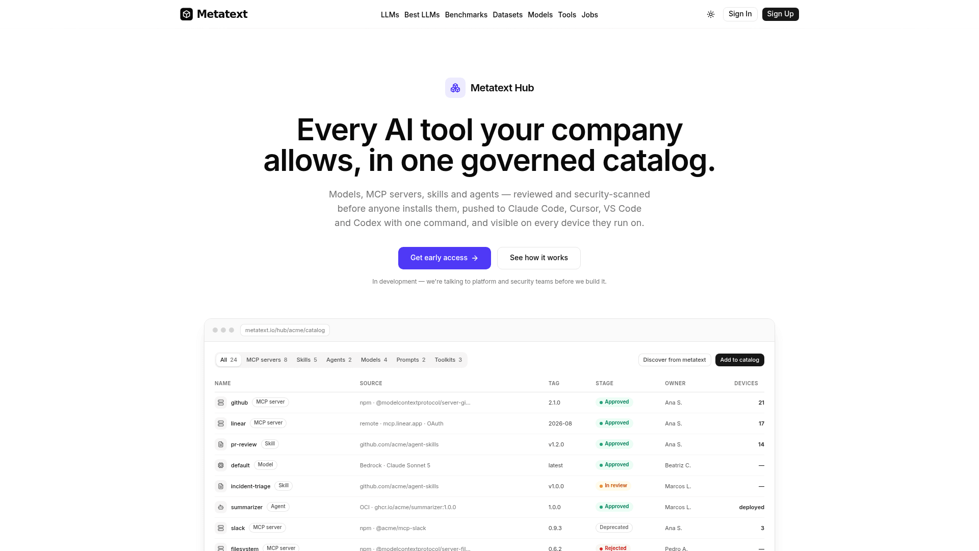 The Metatext Hub catalog interface showing MCP servers, skills and agents with approval stages like Approved, In review and Deprecated