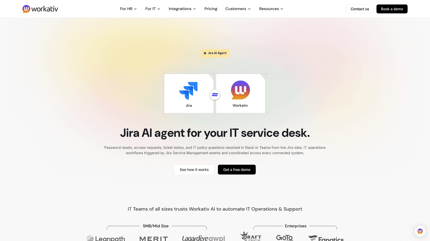 Workativ's Jira AI agent page with the headline Jira AI agent for your IT service desk