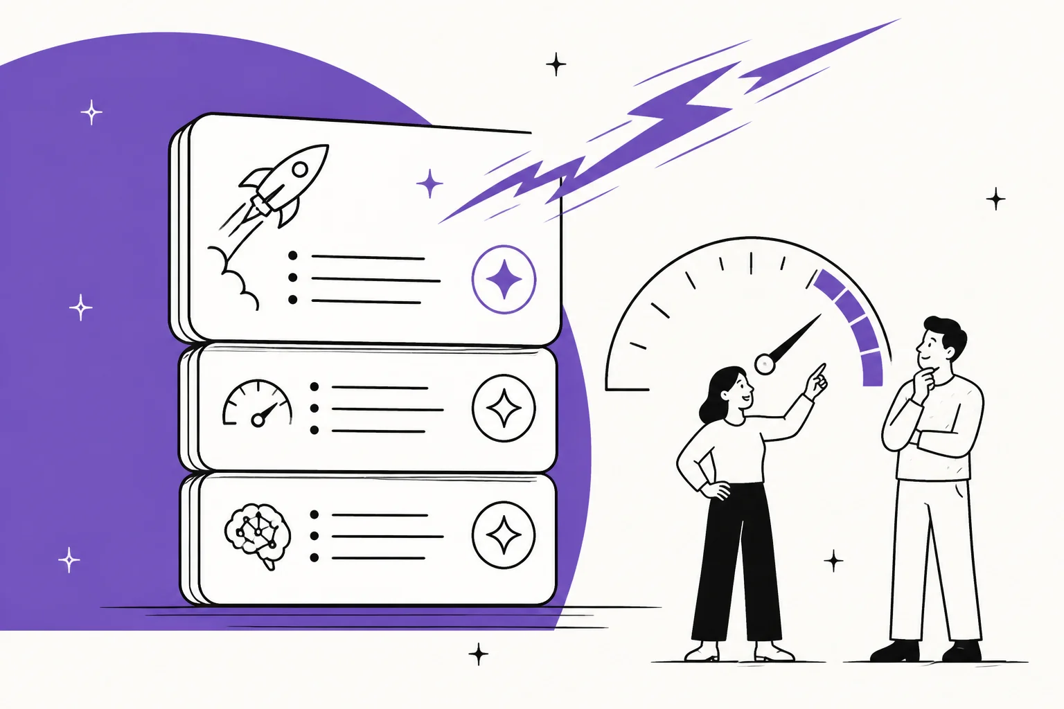 Illustration of three stacked subscription cards with a lightning streak and a usage gauge, representing the ChatGPT Pro 500 tier
