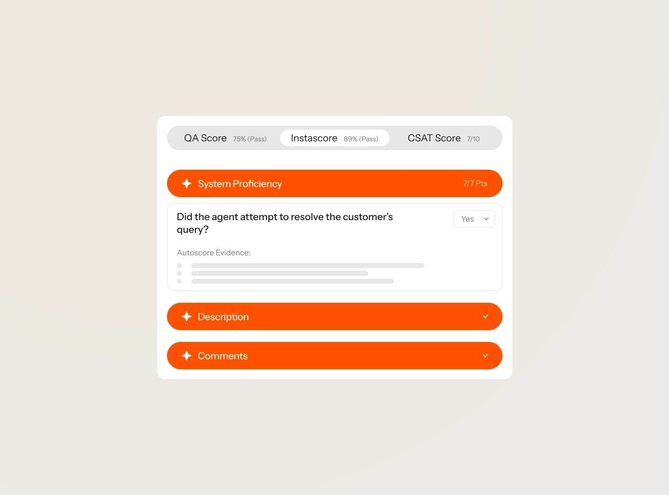 Level AI's Auto-QA panel with QA score, Instascore and CSAT tabs, and a scorecard question backed by autoscore evidence, as taken from Level AI's QA page