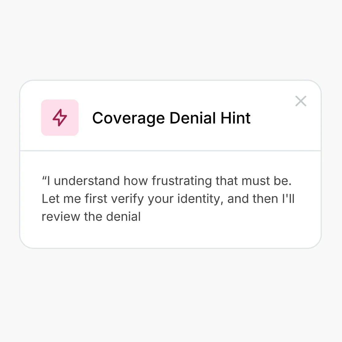 Cresta real-time hint card reading Coverage Denial Hint with a suggested empathetic reply, as taken from Cresta