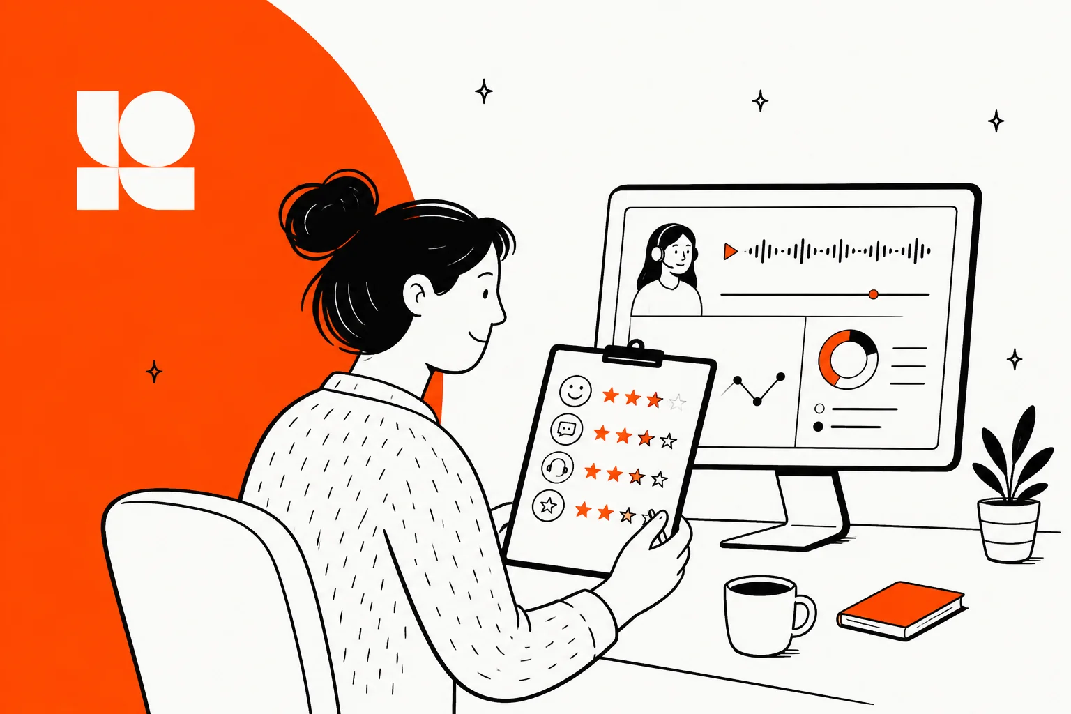 Hand-drawn illustration of a QA reviewer holding a star-rated scorecard while a monitor plays a call recording with a waveform and charts, for a Level AI review