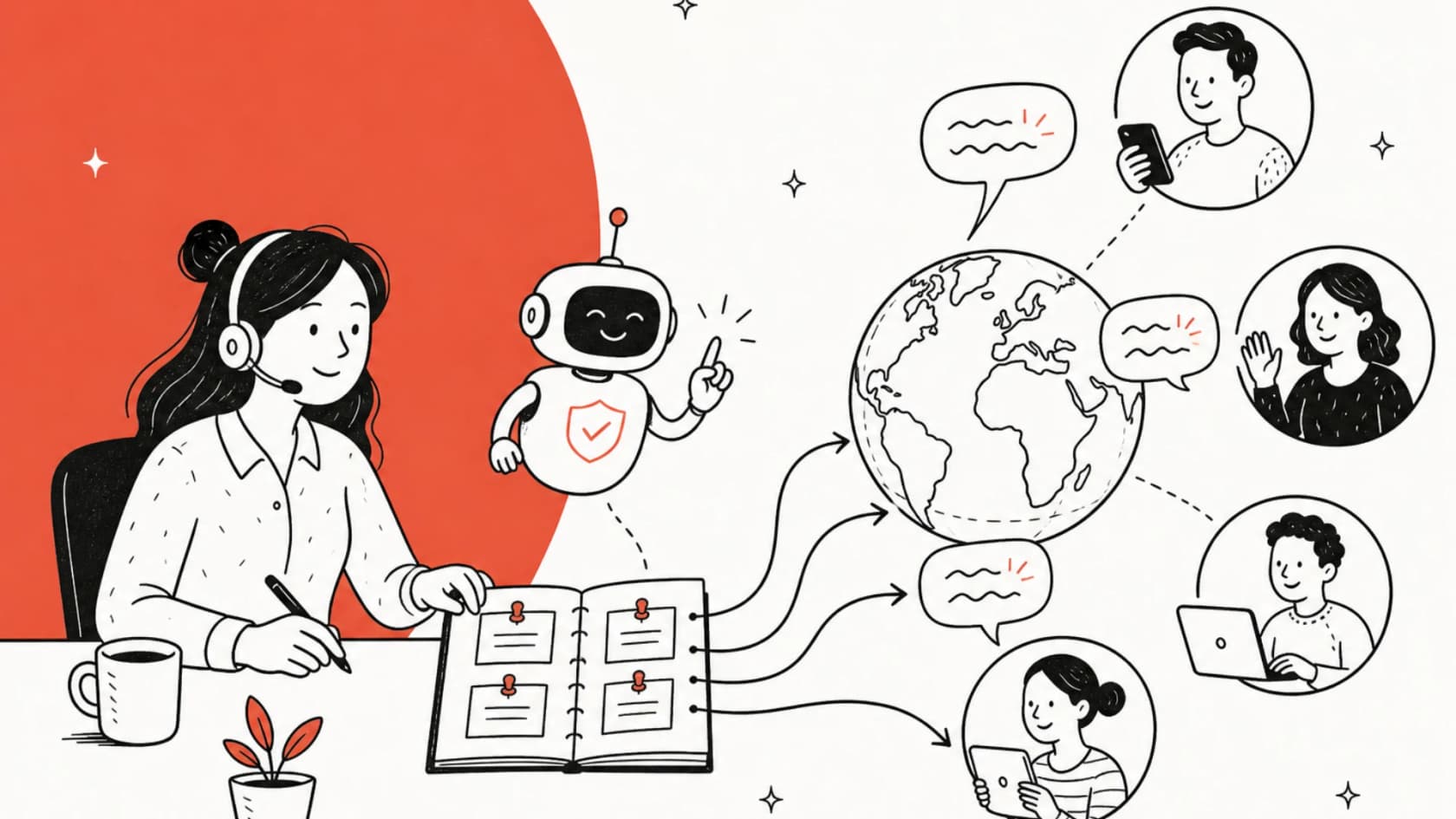 Hand-drawn illustration of a support agent with a headset writing in an open glossary notebook of pinned term cards, with arrows carrying speech bubbles to a globe and customers around it while a friendly AI helper points at the notebook