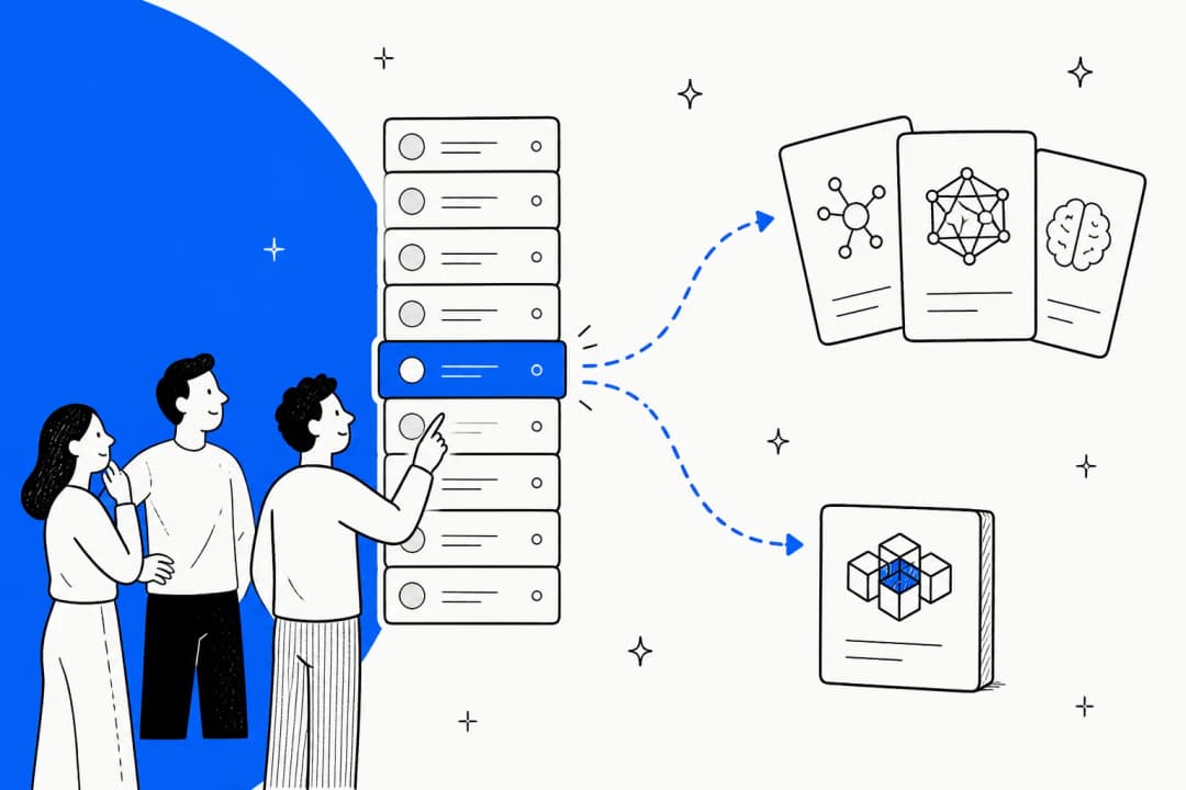 A ranked leaderboard column with one card highlighted partway down, and two routes branching away from it toward a cluster of frontier model cards and an open-weights repository box, in Meta's blue brand colour