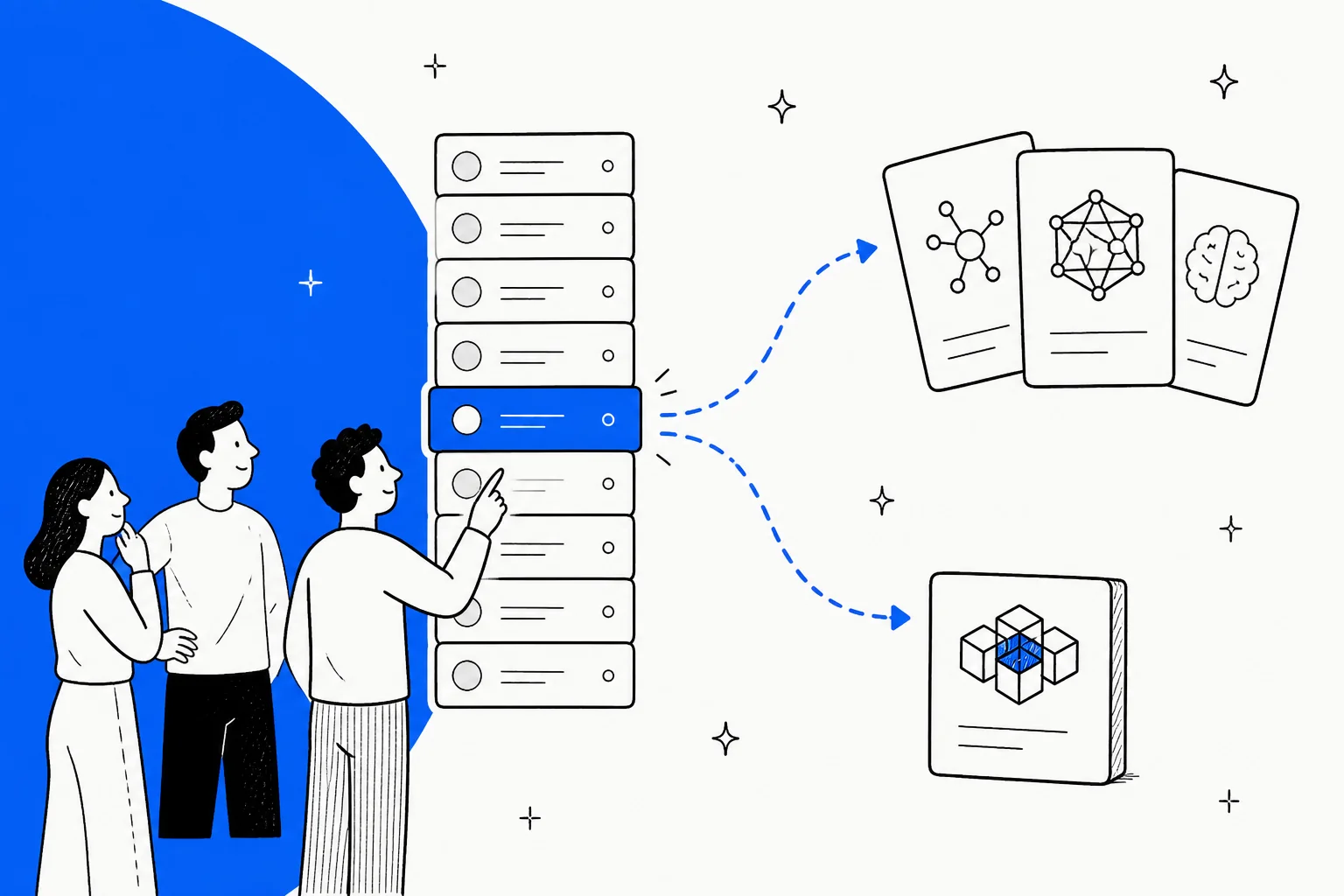 A ranked leaderboard column with one card highlighted partway down, and two routes branching away from it toward a cluster of frontier model cards and an open-weights repository box, in Meta's blue brand colour