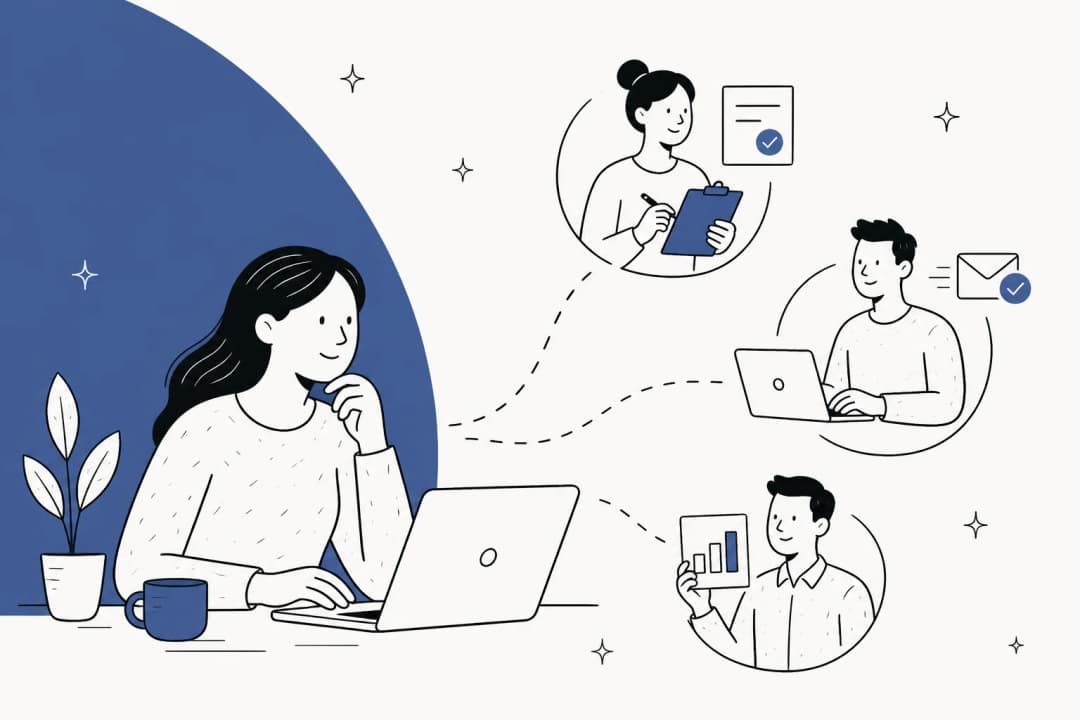 Illustration of a person delegating tasks to several AI agents, representing Meta Muse alternatives