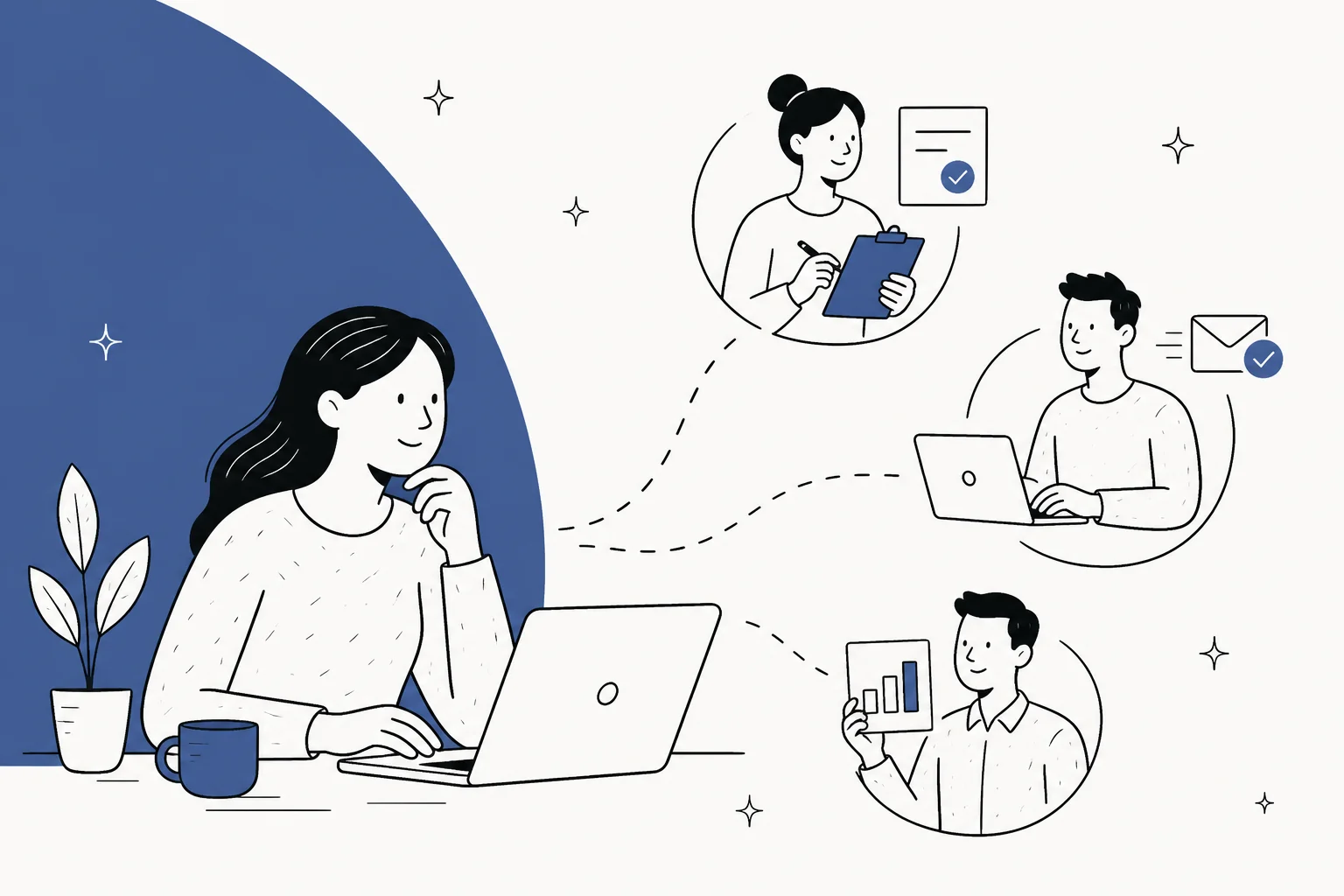 Illustration of a person delegating tasks to several AI agents, representing Meta Muse alternatives