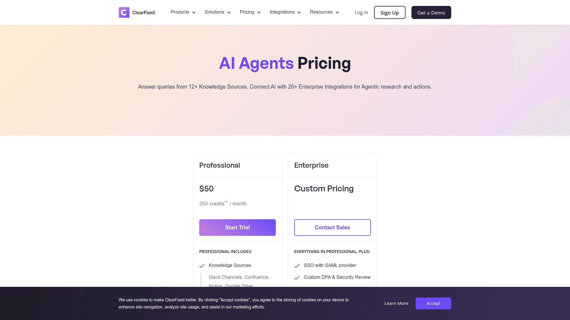 The AI Agents plan card showing $50 for 250 credits a month, as taken from ClearFeed