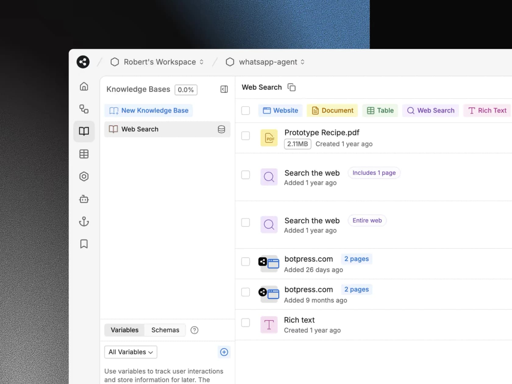 The Botpress Studio knowledge base screen for a WhatsApp agent, listing sources such as a PDF, web search, botpress.com pages and rich text, with Website, Document, Table and Web Search source types, as taken from Botpress