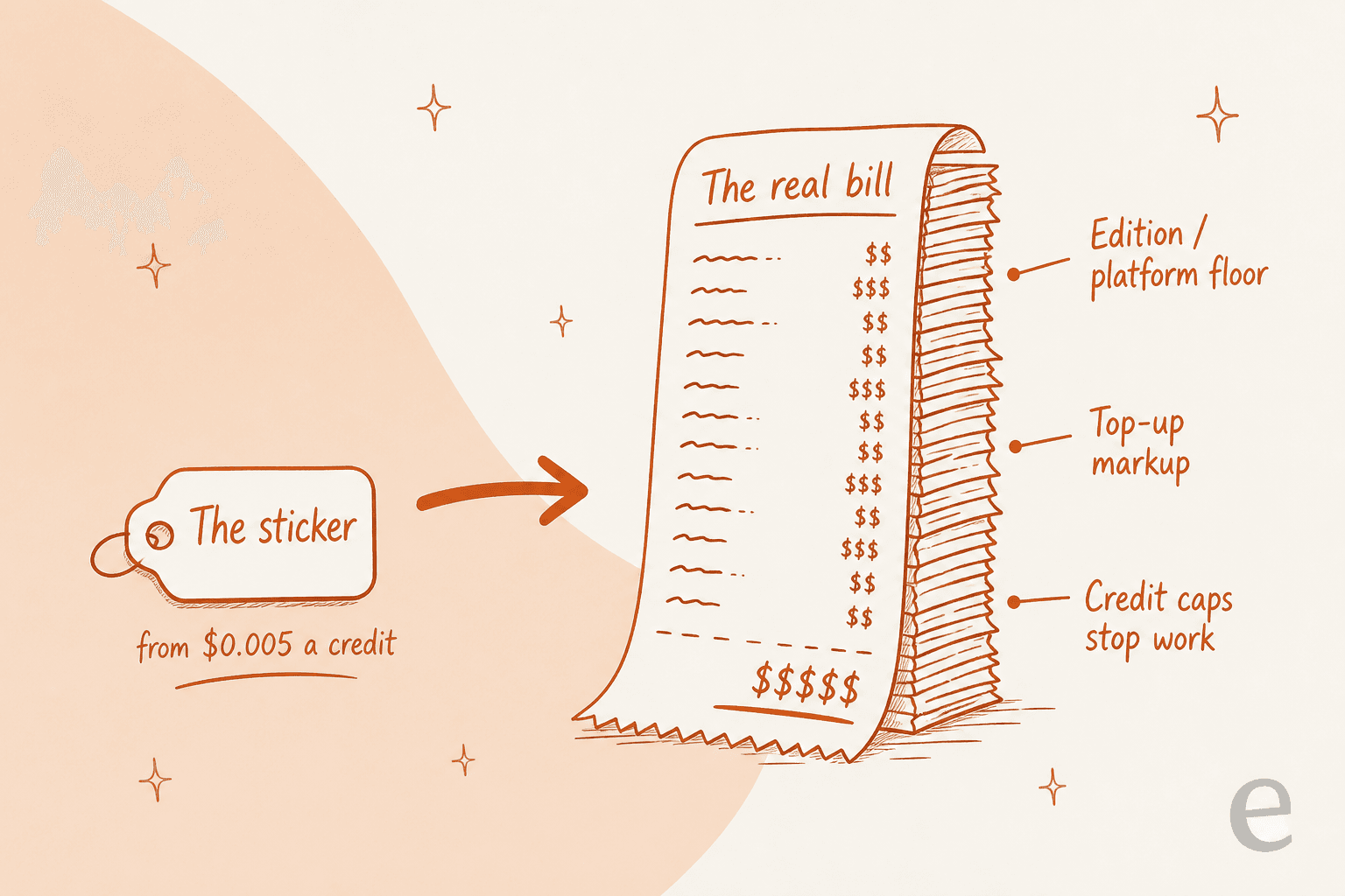 The gap between a small sticker price and the much larger real bill, driven by edition floors, top-up markups and credit caps