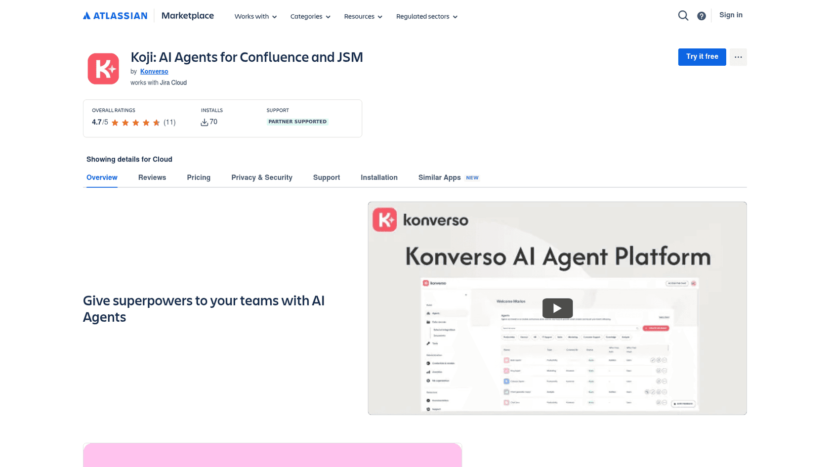 Koji's Atlassian Marketplace listing showing a 4.7 rating from 11 reviews and 70 installs