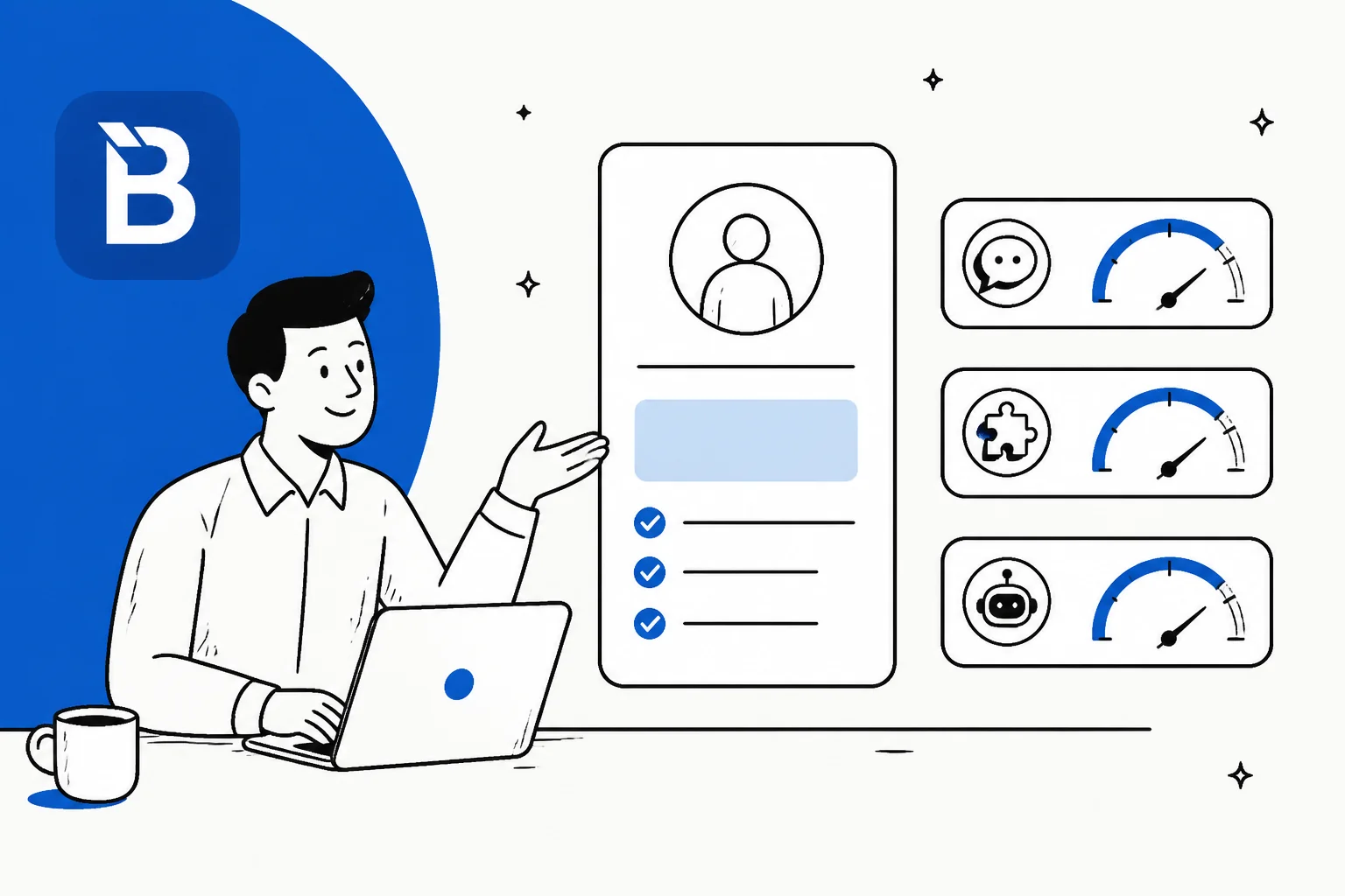 Illustration of a single BlueTweak seat price card sitting beside three separate AI usage meters