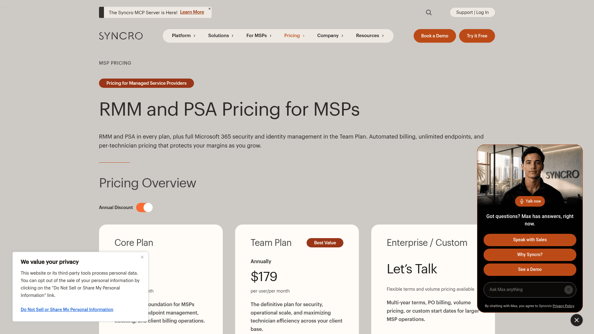 Syncro's MSP pricing page showing Core, Team, and Enterprise plans, as published on syncrosecure.com