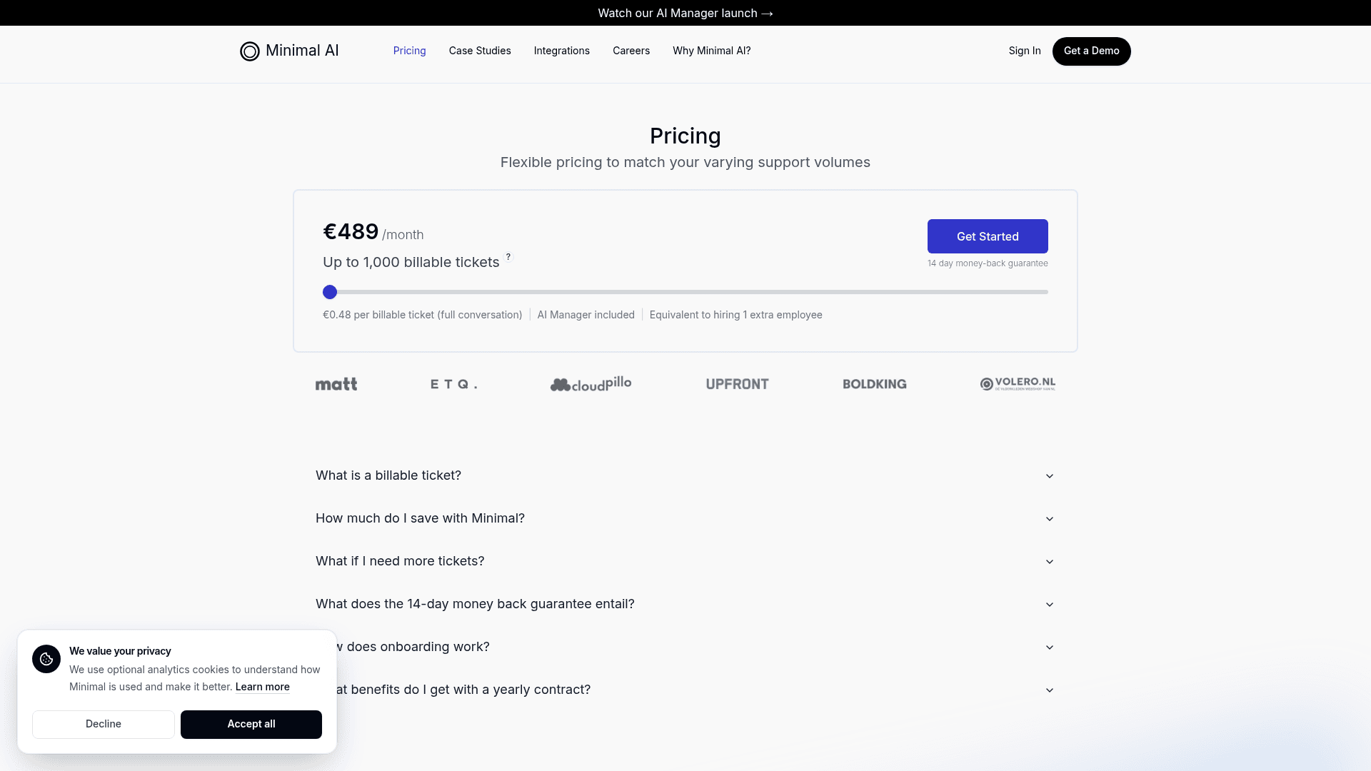 Minimal AI's pricing page showing the €489 per month entry tier for up to 1,000 billable tickets, with the per-ticket rate and money-back guarantee, as taken from Minimal AI