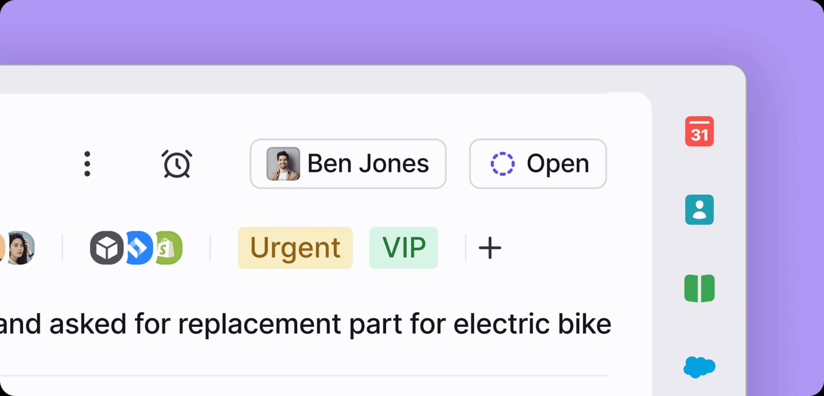 A Front conversation header showing assignment to a teammate, an open status, Urgent and VIP tags, and connected integrations, as taken from Front