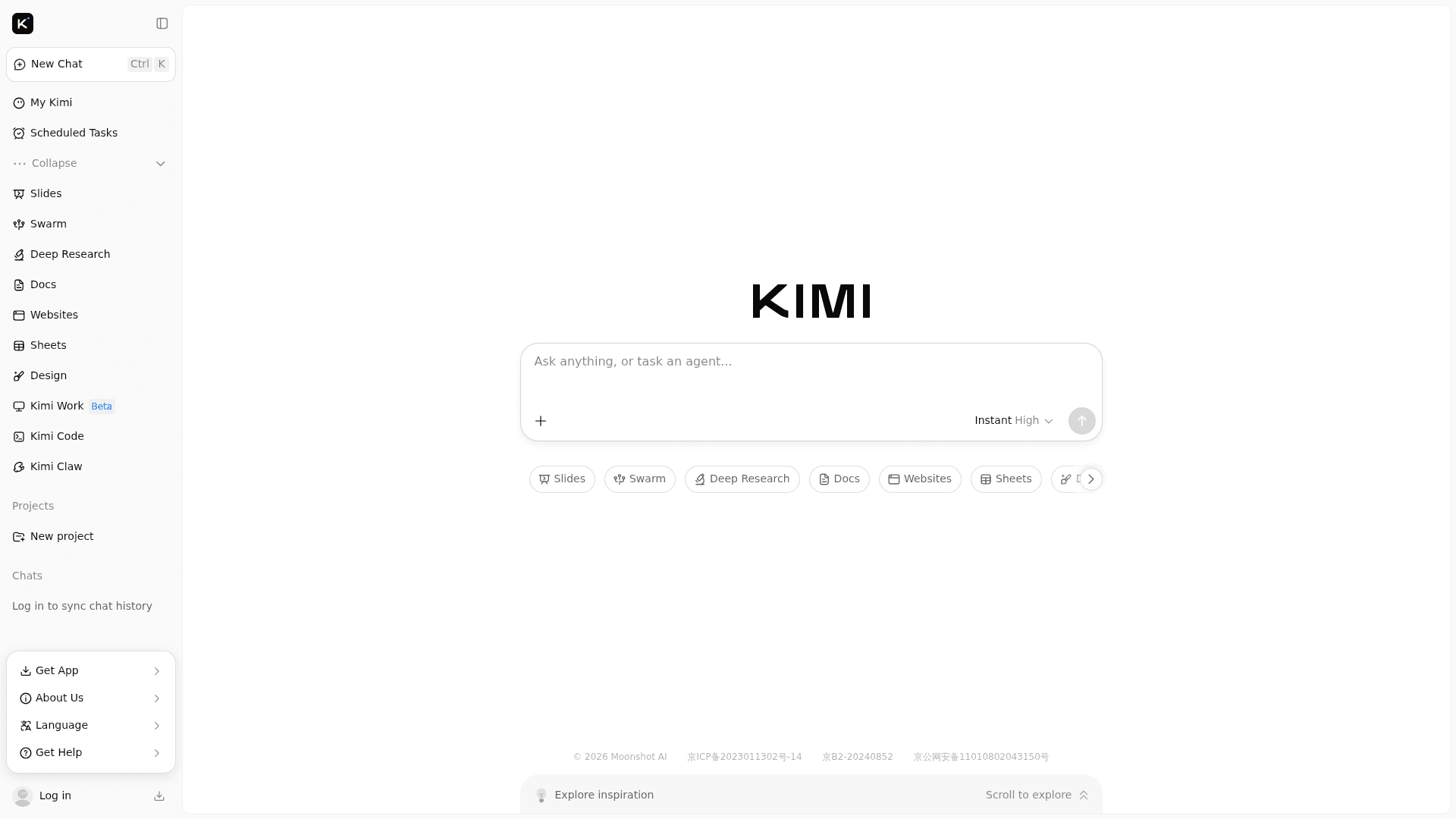 Kimi's chat interface from Moonshot AI