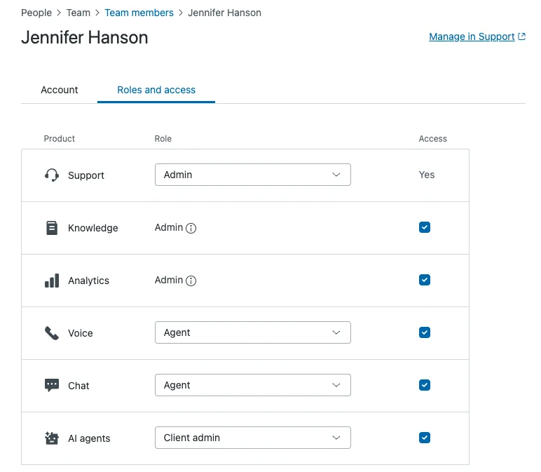 Zendesk Admin Center roles and access panel for a team member, with role dropdowns per product, as taken from Zendesk's help center