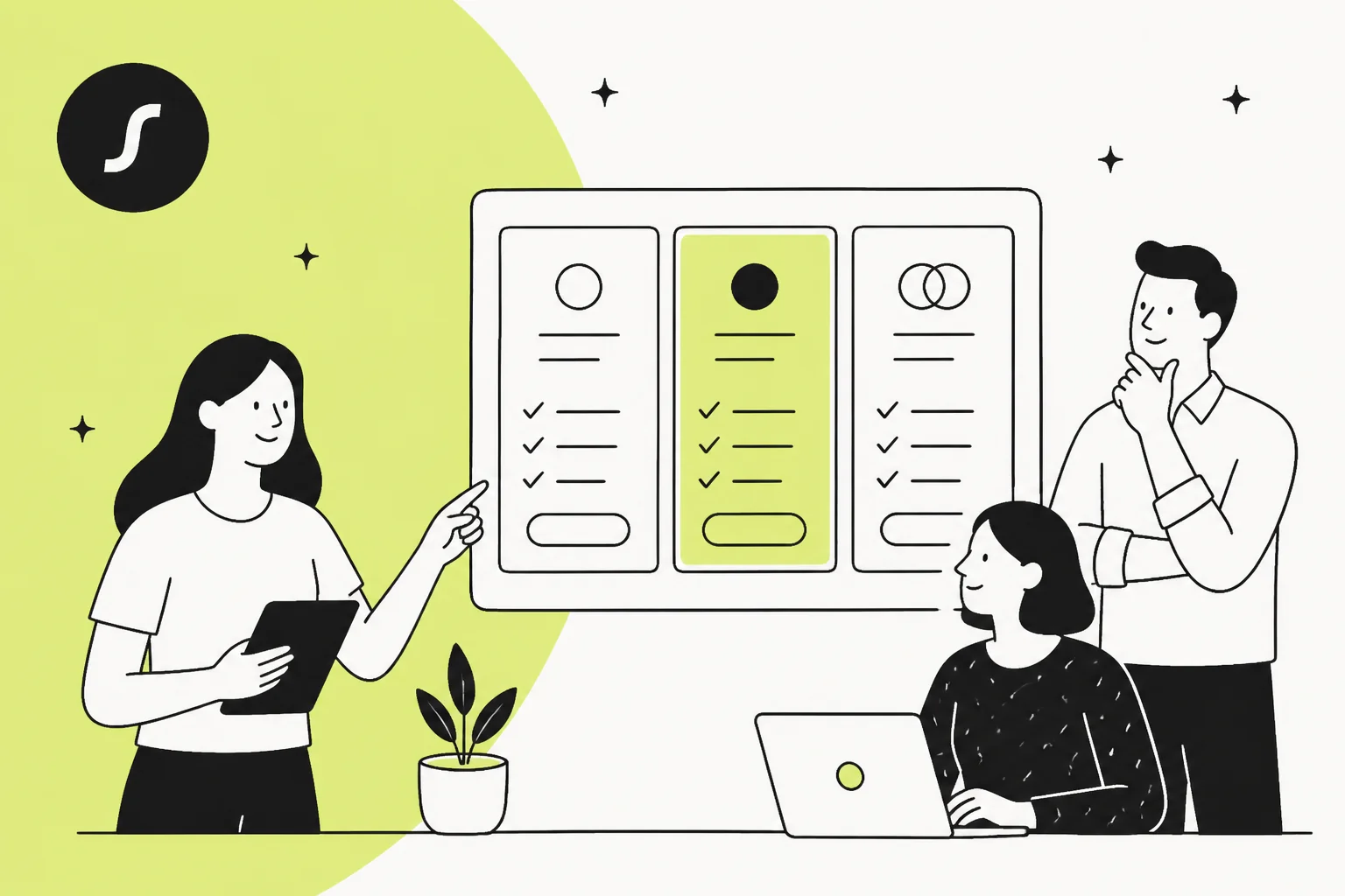 Illustration of two pricing cards on a wall, one showing a per-unit rate and one showing a fixed monthly fee, with a team reading them
