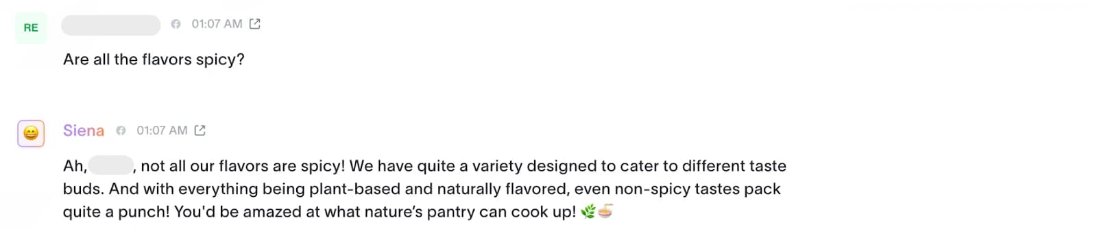 A Siena conversation replying in an on-brand, empathetic voice, as taken from Siena