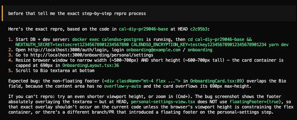 Muse Spark's step-by-step repro process in a terminal: start the dev server, log in, open the personal settings page, resize the window to a narrow width and short height, and scroll to the Bio field, as taken from Meta's Error screenshot fix cookbook
