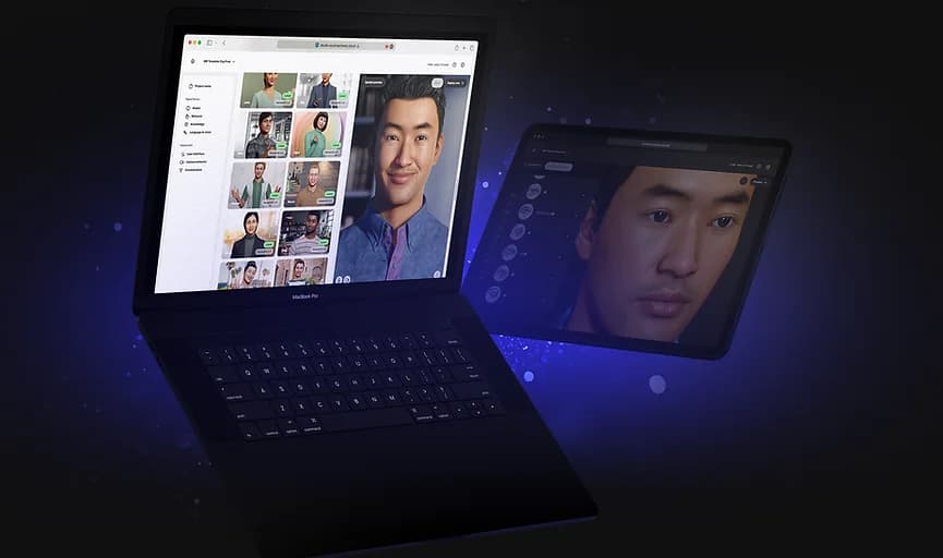 Soul Machines Studio open on a laptop and tablet, showing digital-human avatars and the design panel, as taken from Soul Machines