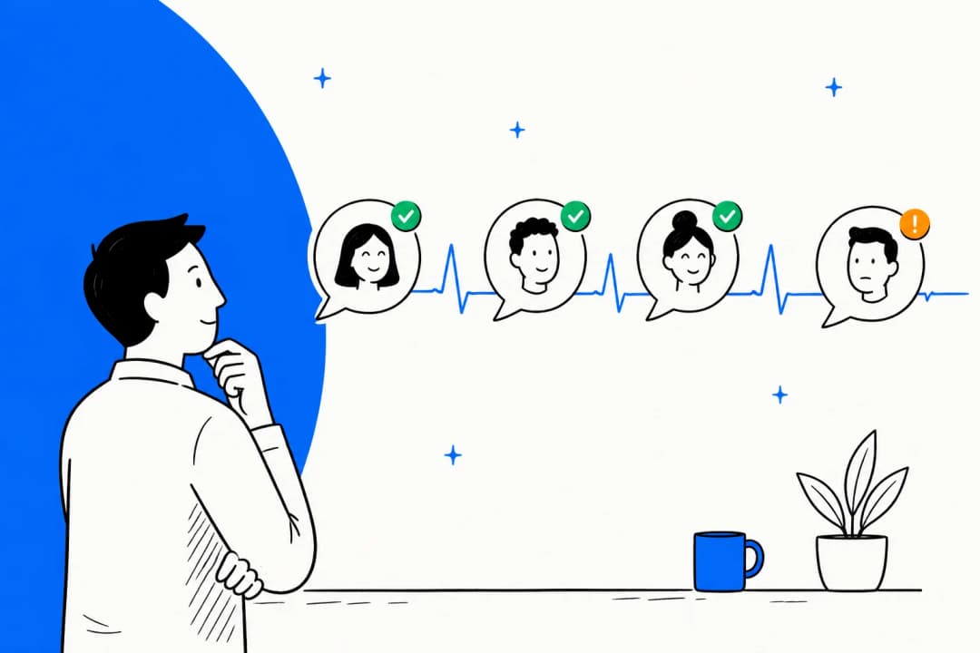 Hand-drawn illustration of a support lead watching a heartbeat line run through customer chat bubbles, three happy and one flagged as at-risk