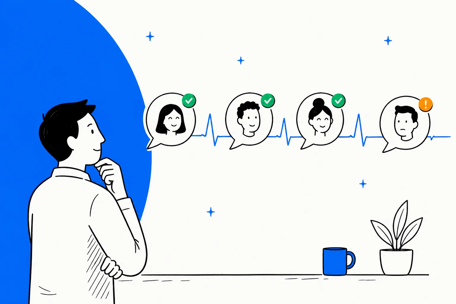 Hand-drawn illustration of a support lead watching a heartbeat line run through customer chat bubbles, three happy and one flagged as at-risk