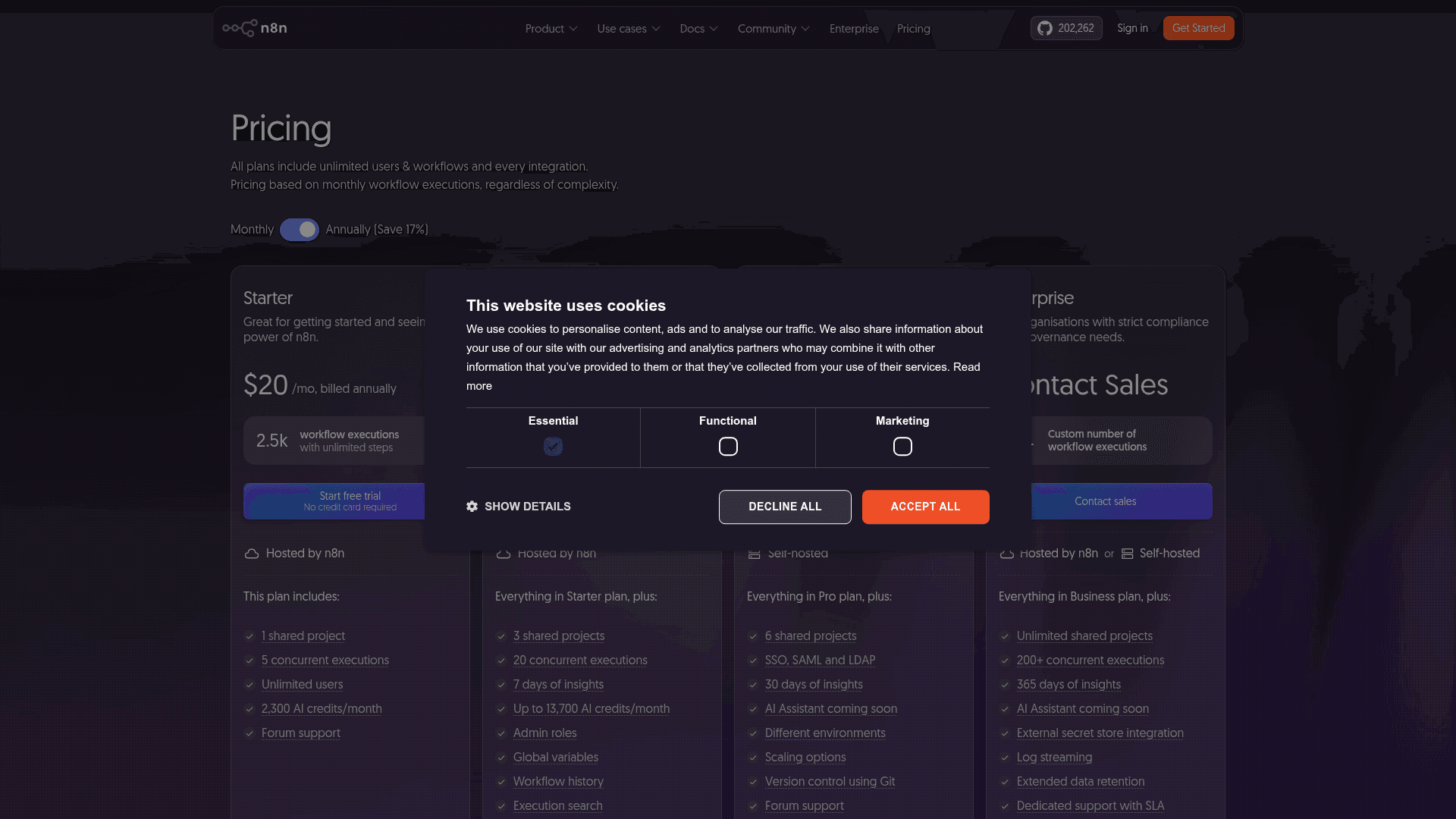 n8n pricing page showing Starter, Pro, Business and Enterprise plans priced per workflow execution