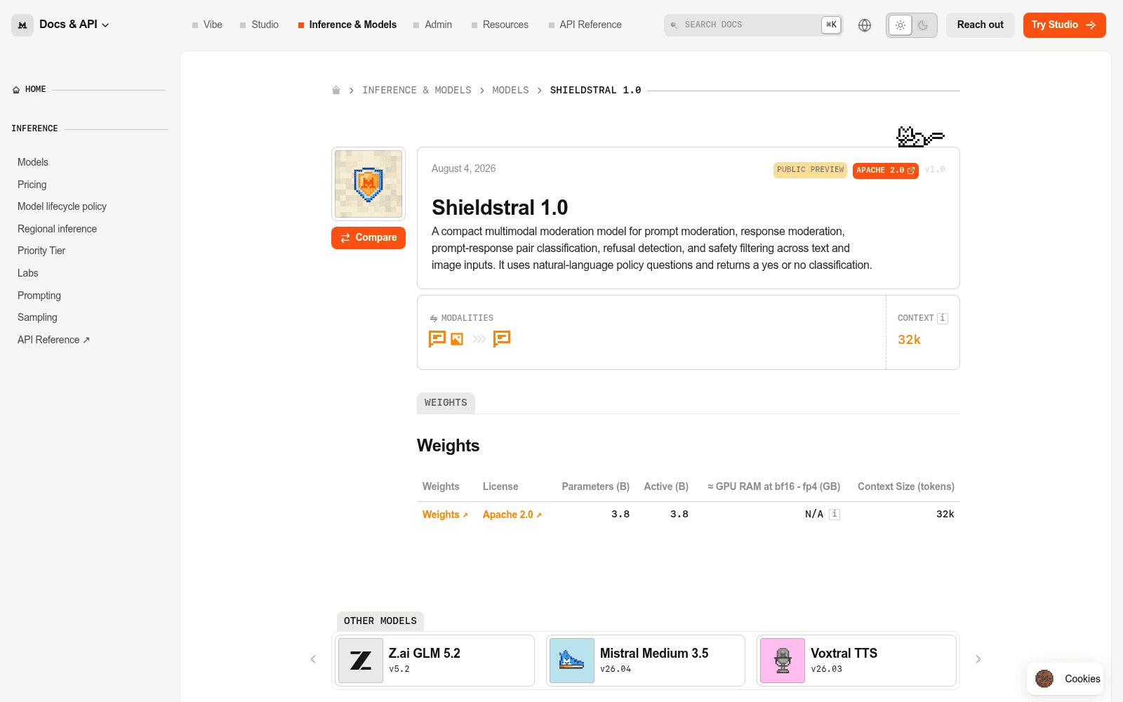 The Shieldstral 1.0 model page on Mistral's documentation site showing the Public Preview label, Apache 2.0 licence and the 3.8B weights row, as published by Mistral