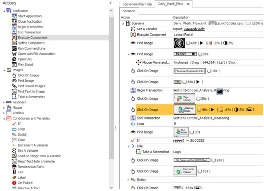 The legacy bot builder listing a Daily_Work_Flow scenario step by step, with set variable, find image, click on image, begin and end transaction, a five-times loop and a branch on whether the report equals SUCCESS, as taken from Automation Anywhere