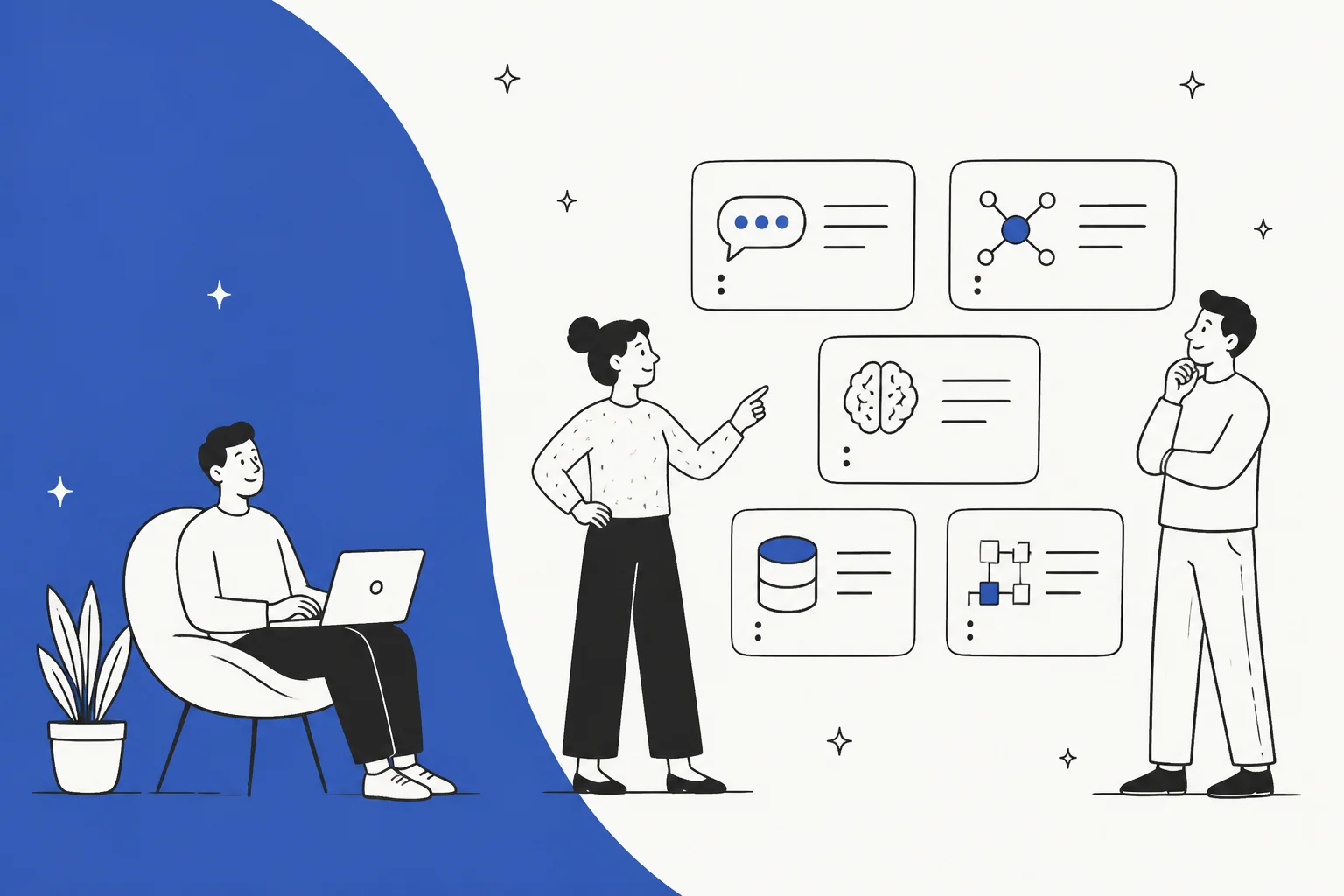 Illustration of people comparing AI models, chatbots and data tools, representing MetaText alternatives