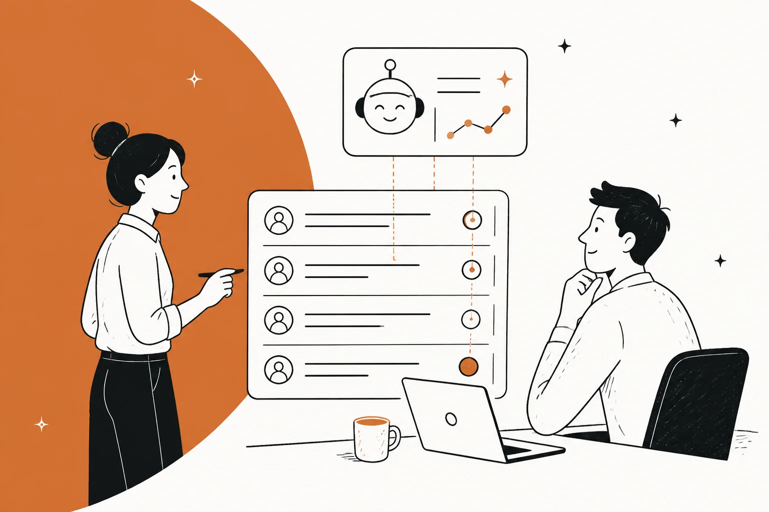 Illustration of a support team layering an AI agent onto an existing ticket queue