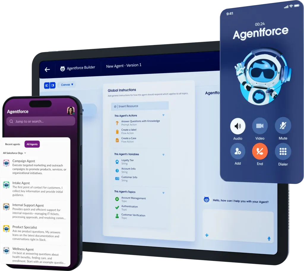 The Agentforce Builder configuring a new agent's instructions, actions, and topics, as taken from Salesforce