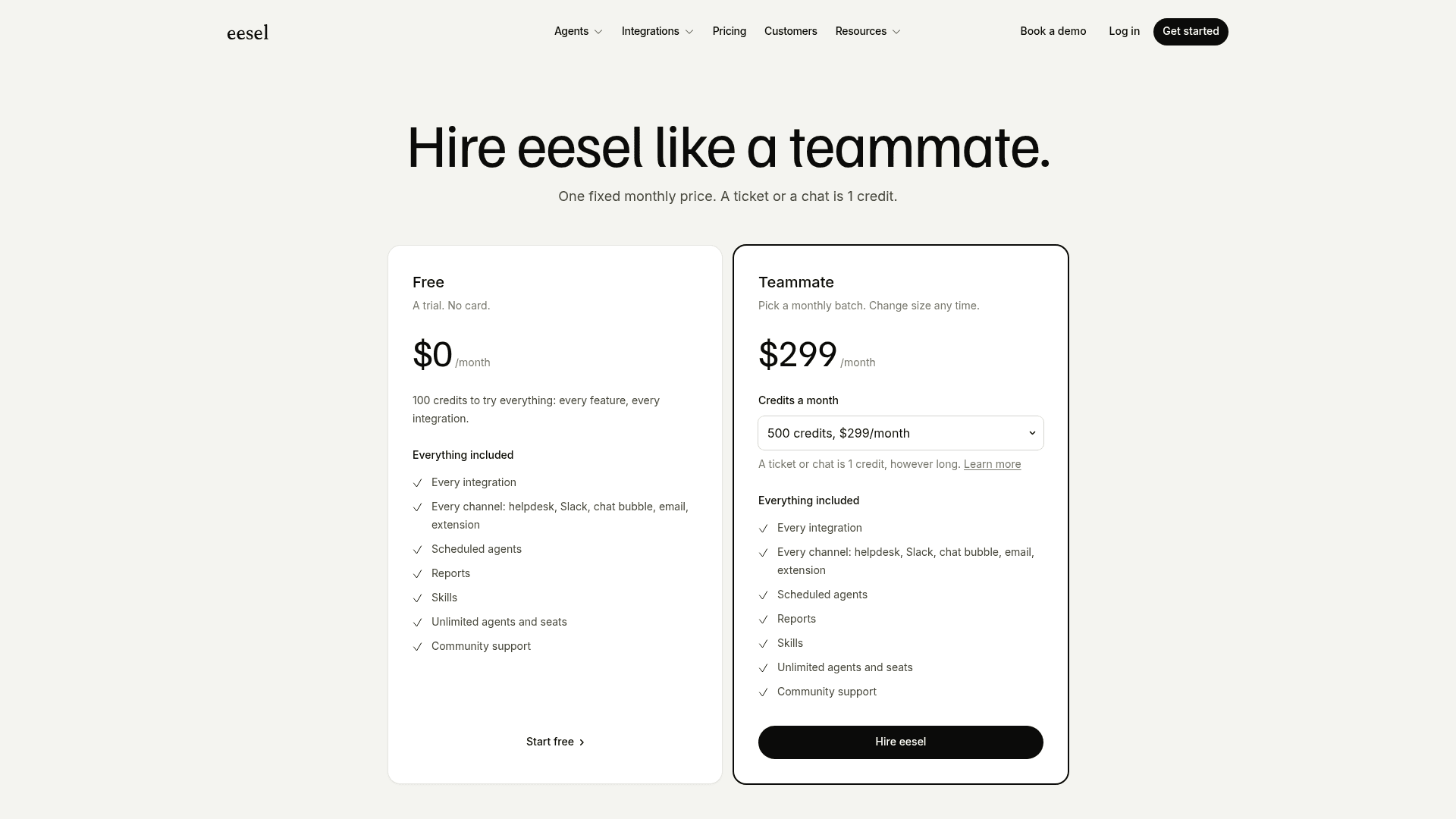eesel's pricing page showing a Free plan at $0 a month with 100 credits and the Teammate plan at $299 a month for 500 credits, where a ticket or chat is 1 credit, from eesel.ai
