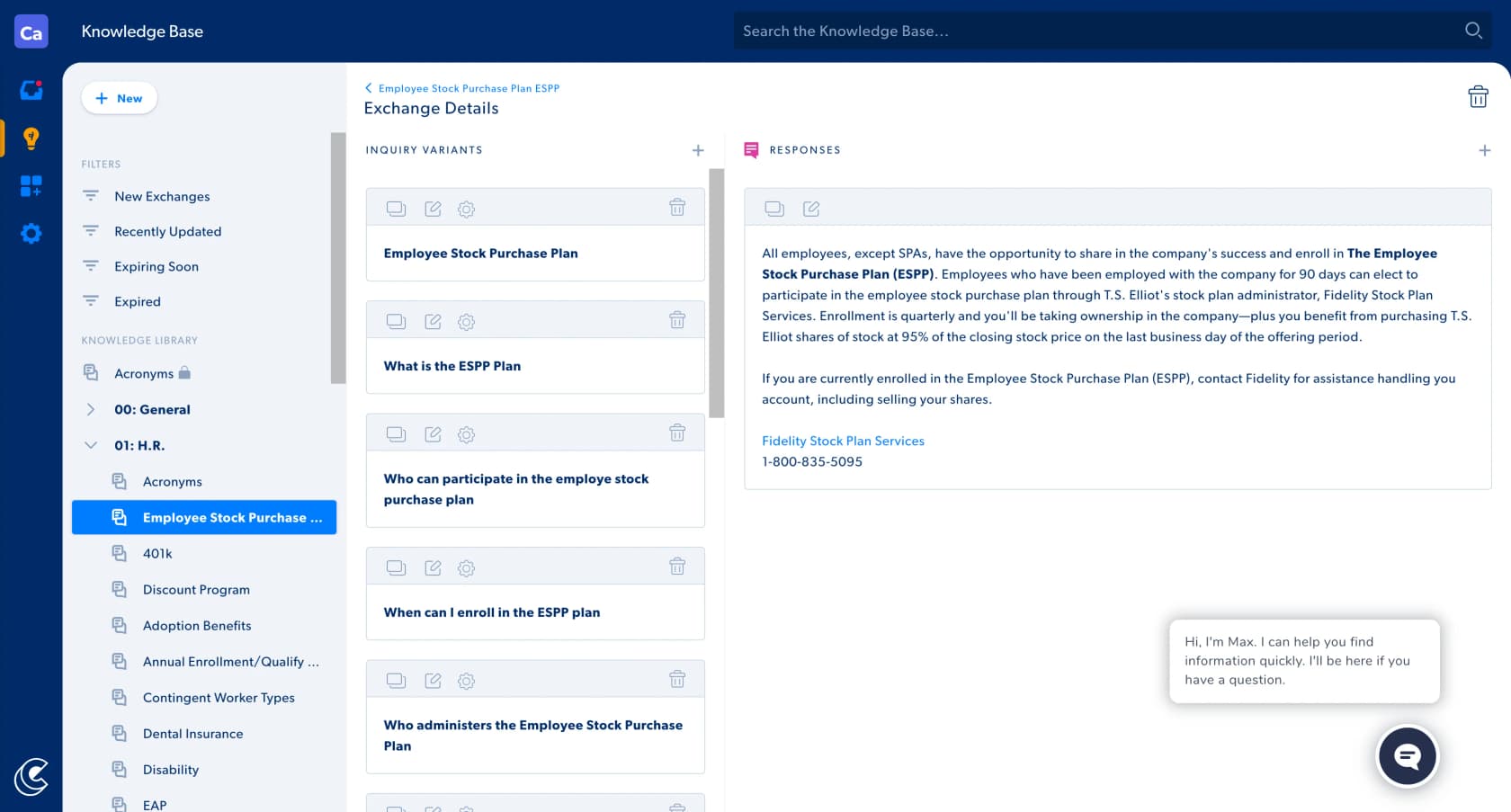 Capacity's knowledge base showing inquiry variants and the matched response for an employee stock purchase plan exchange, as taken from Capacity's G2 gallery