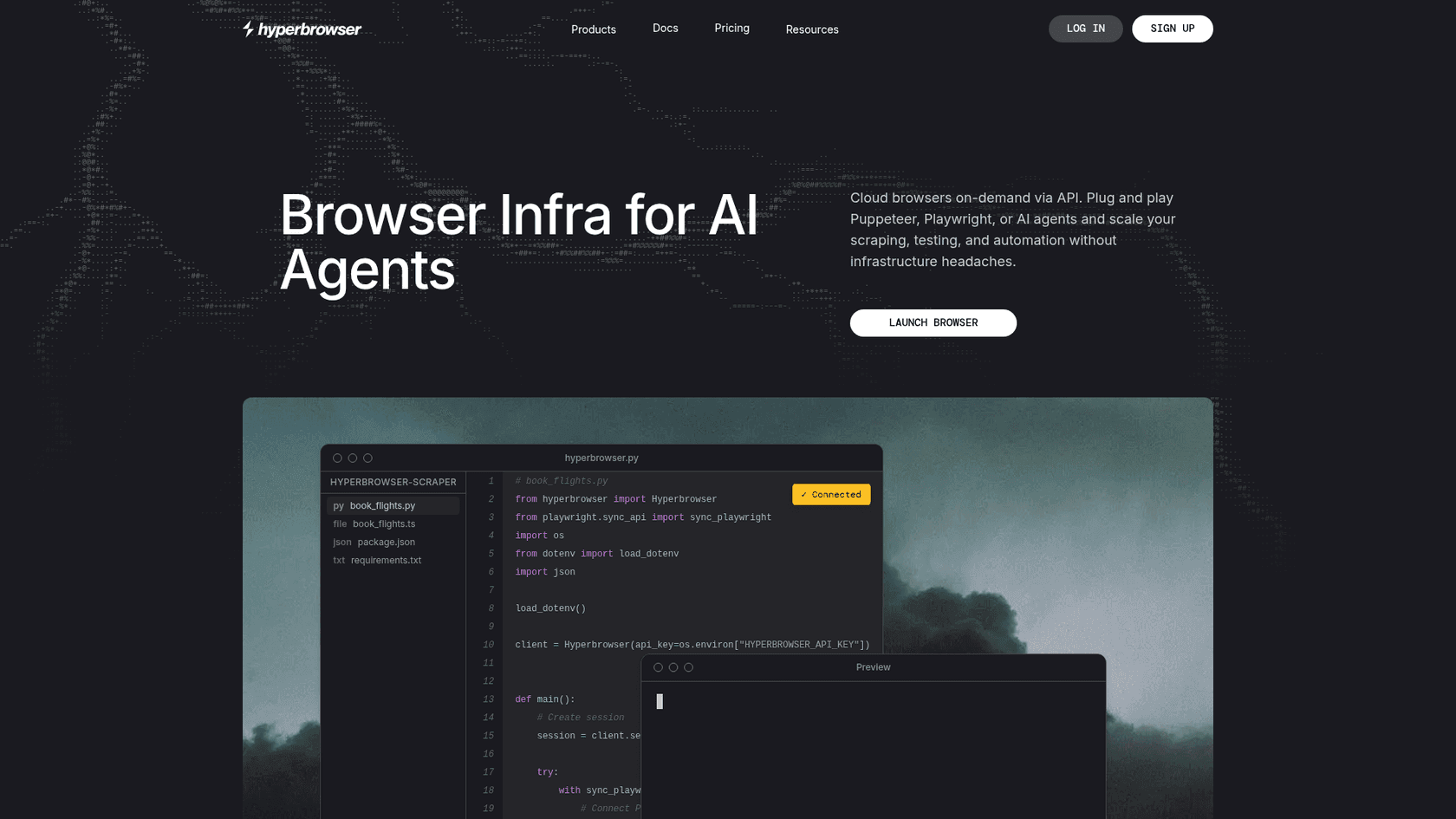 Hyperbrowser homepage showing its browser infrastructure for AI agents, as taken from Hyperbrowser