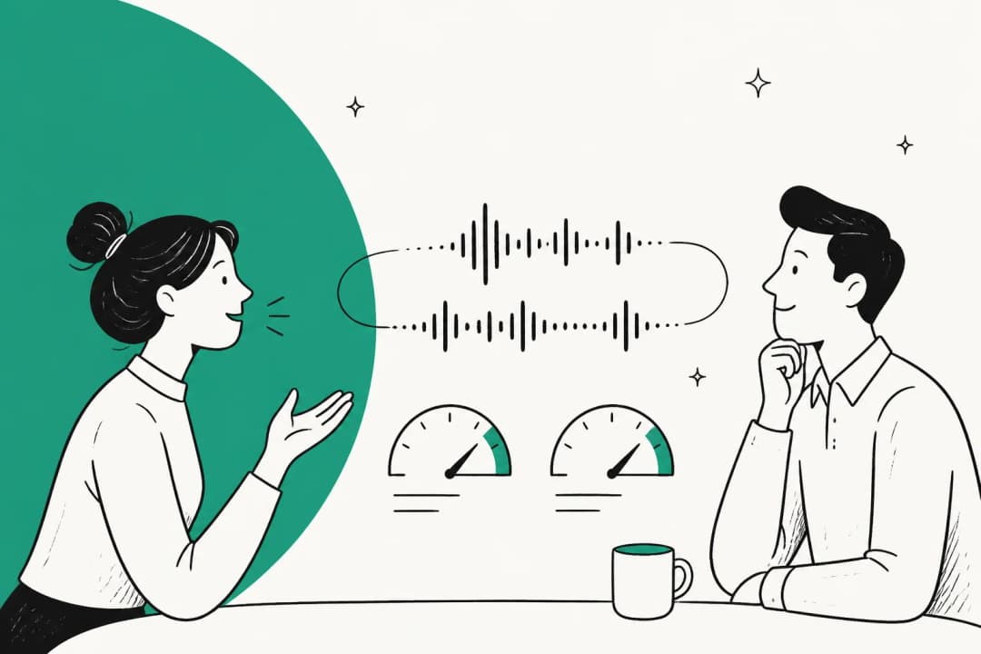 Hand-drawn illustration of two people in a natural back-and-forth voice conversation, in OpenAI teal