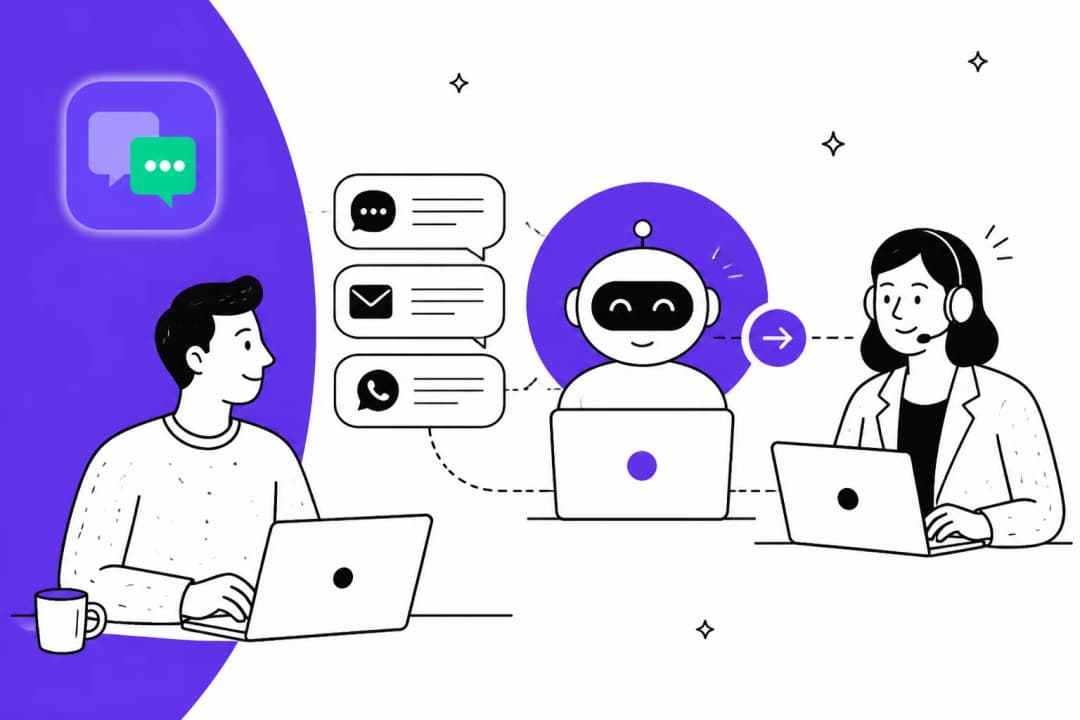 Illustration of a customer chatting across web, email and WhatsApp, routed to an AI agent and a human support teammate