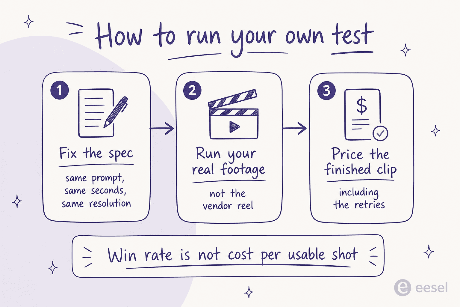 Three-step method diagram: fix the spec, run your real footage, price the finished clip including retries