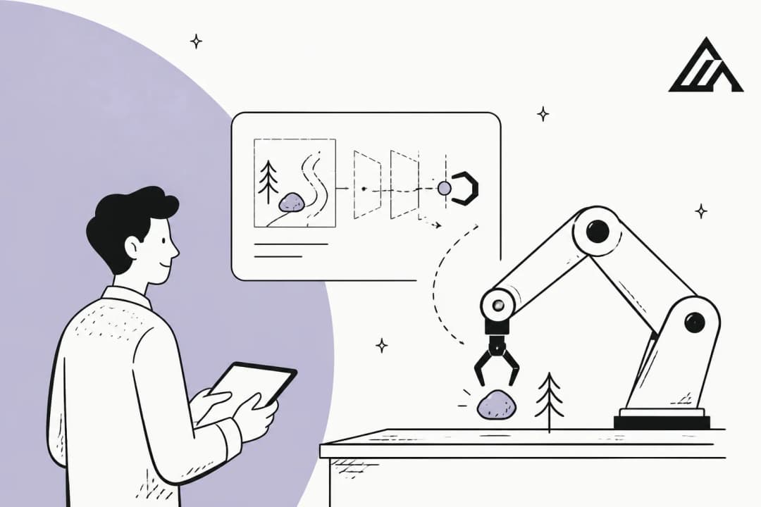 Illustration of a person watching a world-model diagram drive a robot arm, for FLUX 3 Action