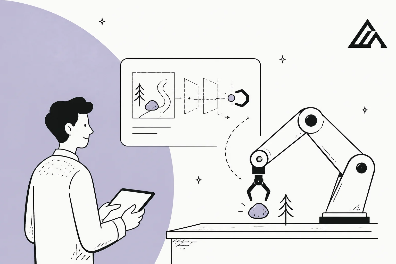 Illustration of a person watching a world-model diagram drive a robot arm, for FLUX 3 Action