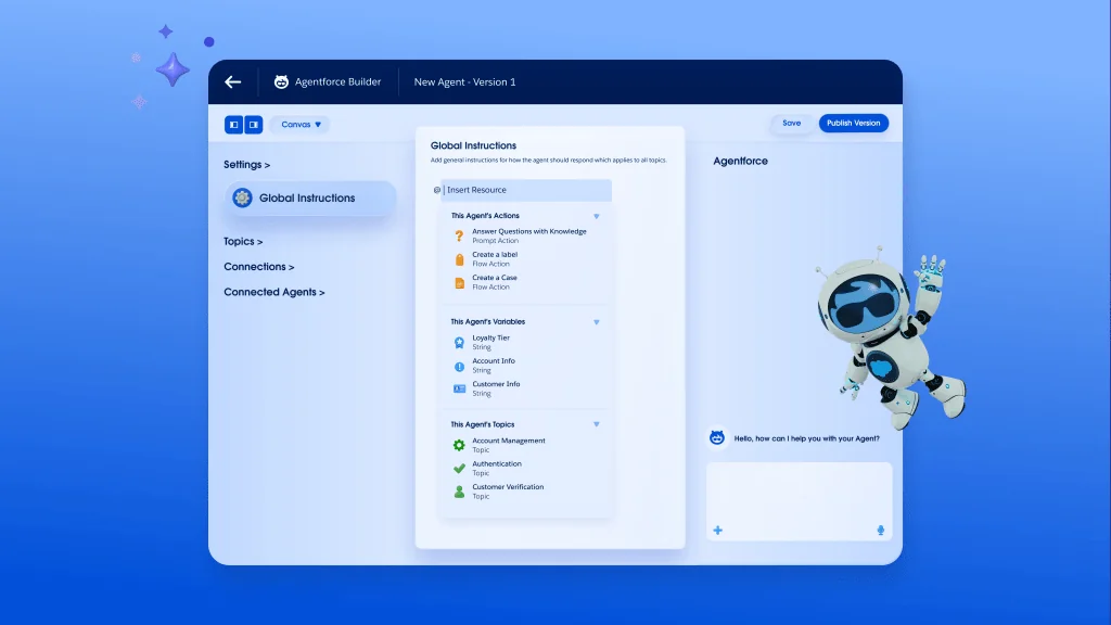 The Salesforce Agentforce Builder showing global instructions, actions, variables, and topics for a new agent, as shown in Salesforce's Agentforce materials