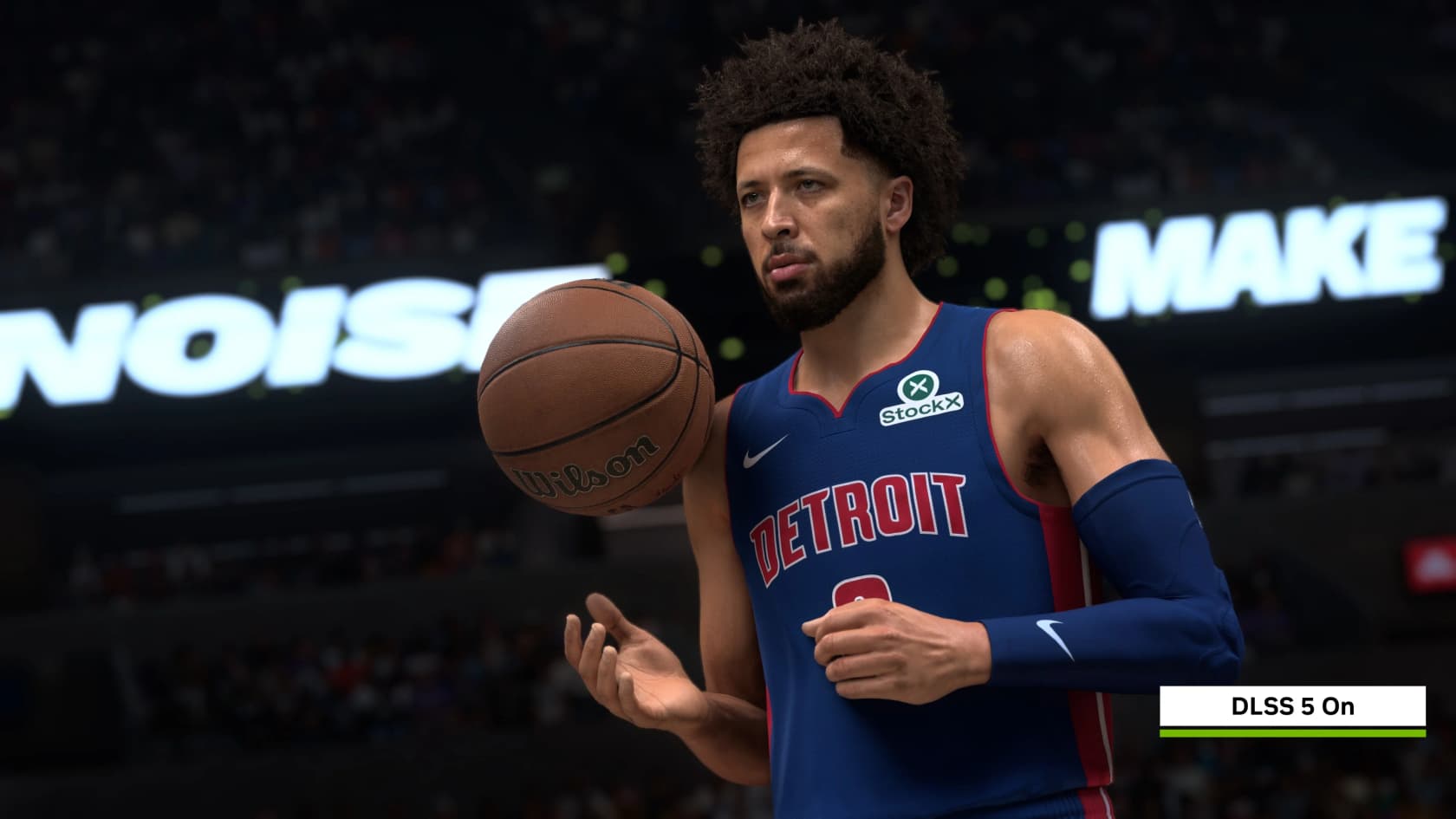 NBA 2K27 courtside scene rendered with DLSS 5 on, as shown by NVIDIA