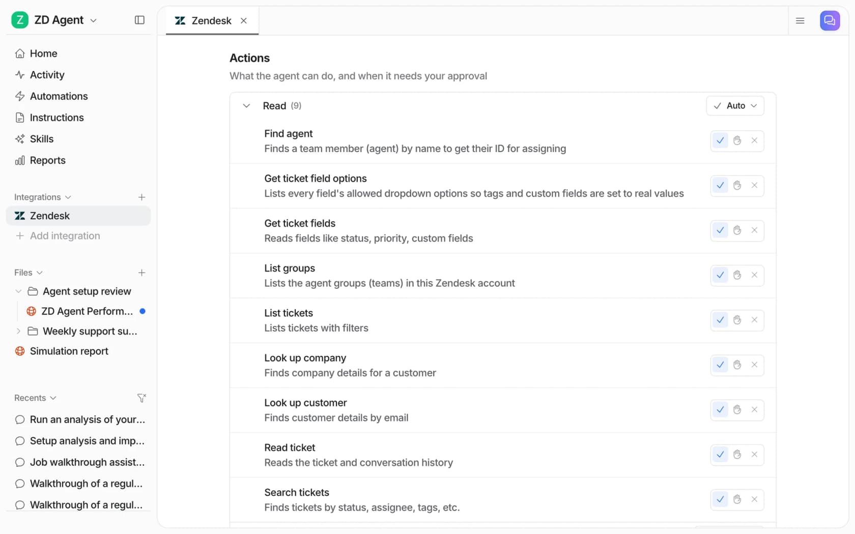 eesel Zendesk integration page listing read actions such as find agent, list tickets, look up customer and read ticket, each with its own permission setting