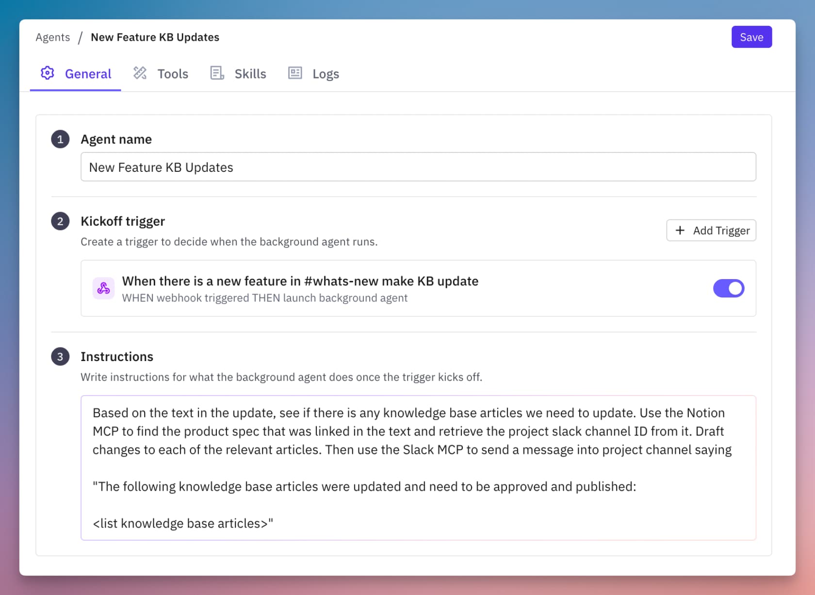 Pylon's background agent configuration, wiring a trigger and natural-language instructions that call the Notion and Slack MCPs, as taken from Pylon