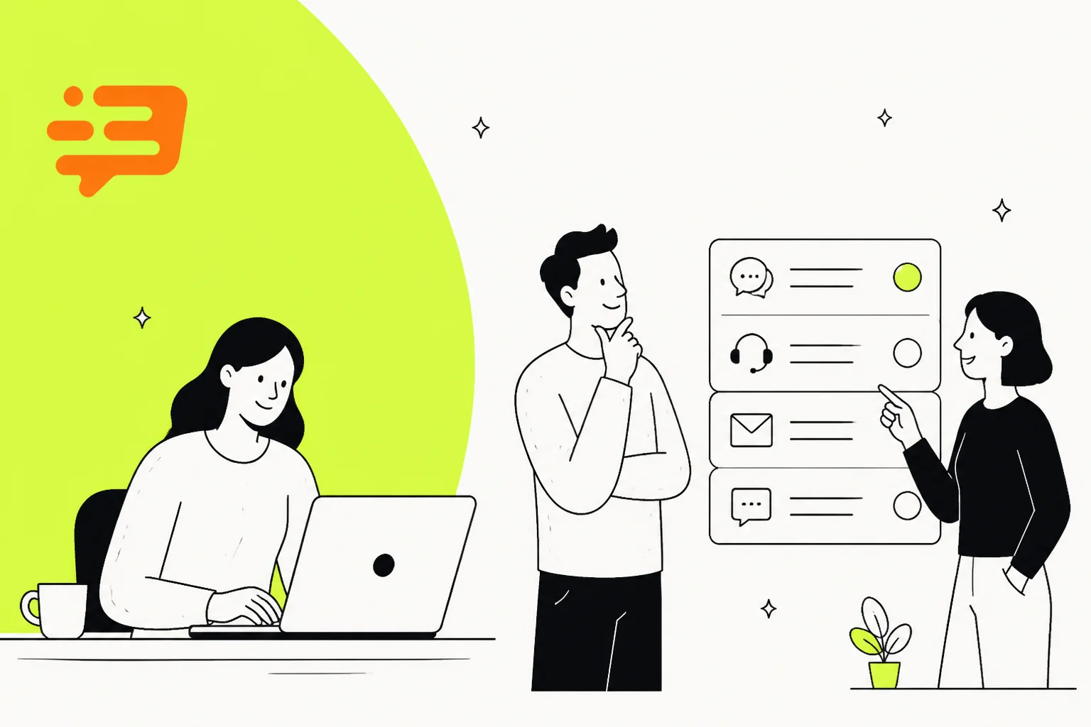Illustration of a support team reviewing chat, email and helpdesk channels while comparing tools
