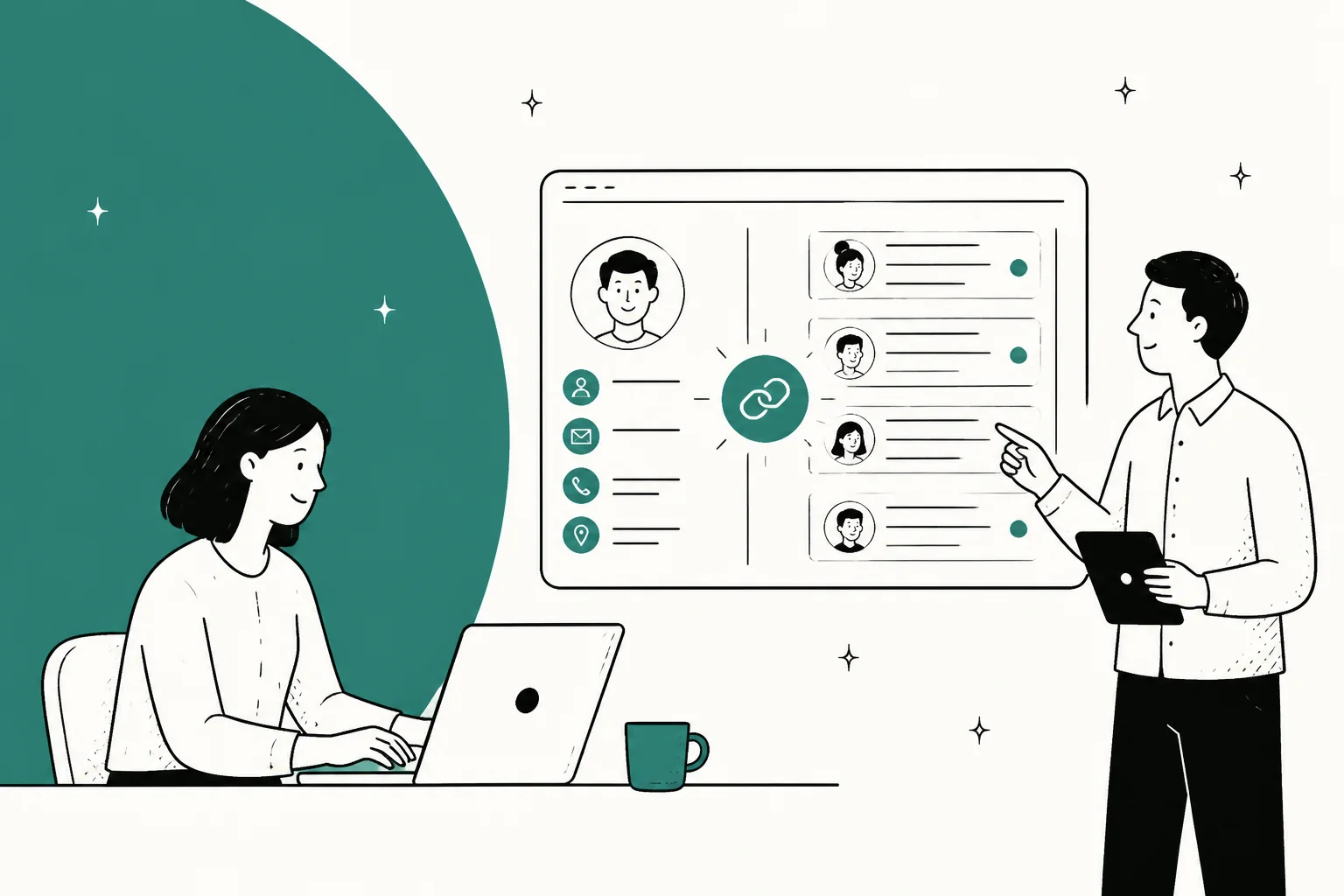 Illustrated banner for a 2026 guide to customer service CRM software, showing customer records and support tickets in one system